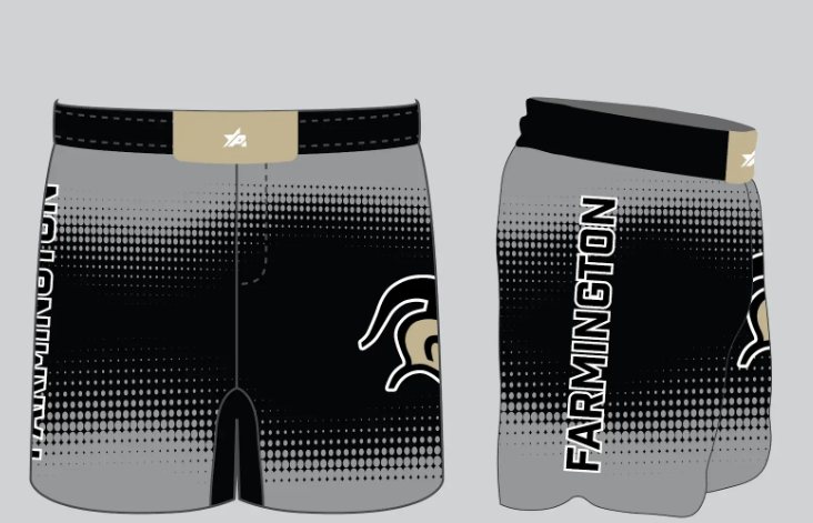 Farmington Wrestling Club fight shorts, front and back